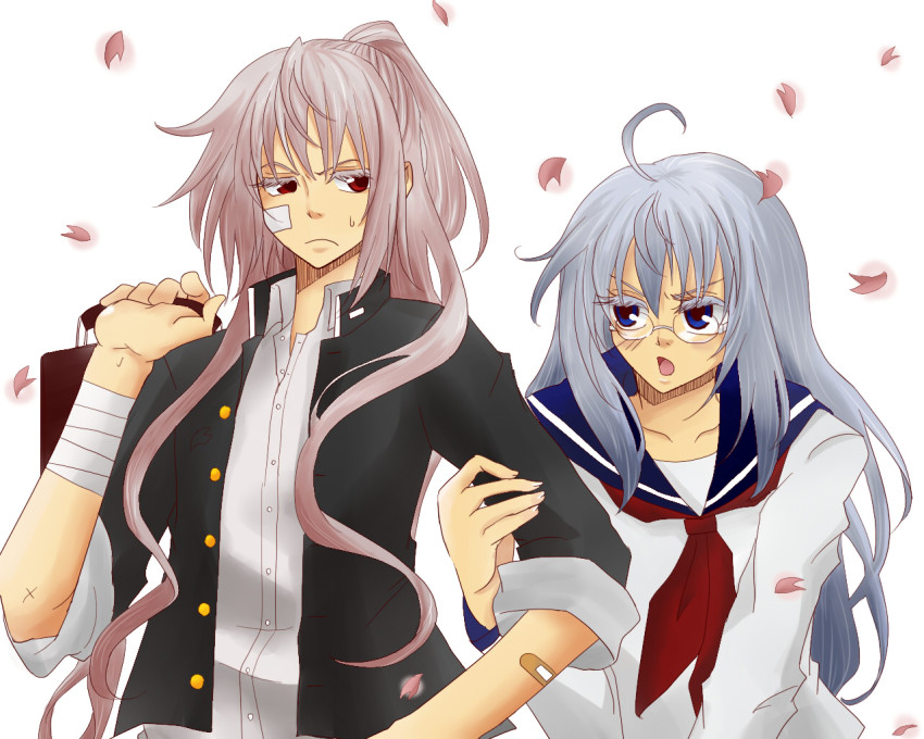 2girls, alternate_costume, alternate_hairstyle, arm_grab, bandages, bandaid, bespectacled, colored_eyelashes