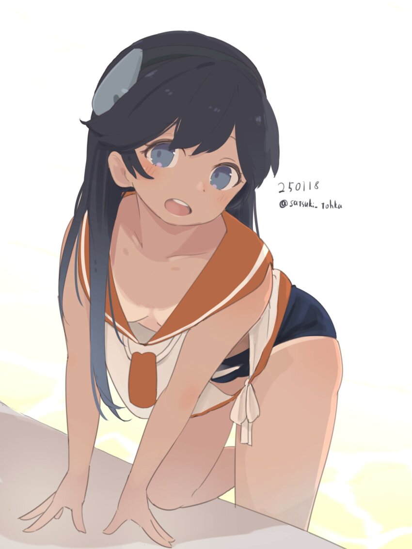 1girl, arm_support, bare_arms, black_hair, blue_eyes, blue_one-piece_swimsuit, blush, breasts