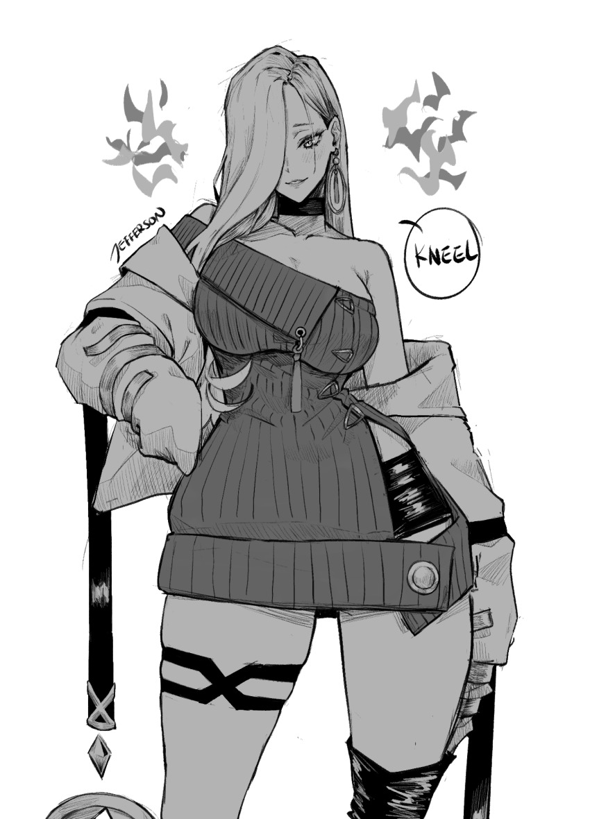 1girl, choker, dress, earrings, english_text, fate/grand_order, fate_(series), greyscale, hair_over_one_eye, highres, hoop_earrings, jacket, jeffraeson, jewelry, monochrome, off_shoulder, hebi_nyoubou_(fate), open_clothes, open_jacket, ribbed_dress, solo, sweater, sweater_dress, thigh_strap, white_jacket