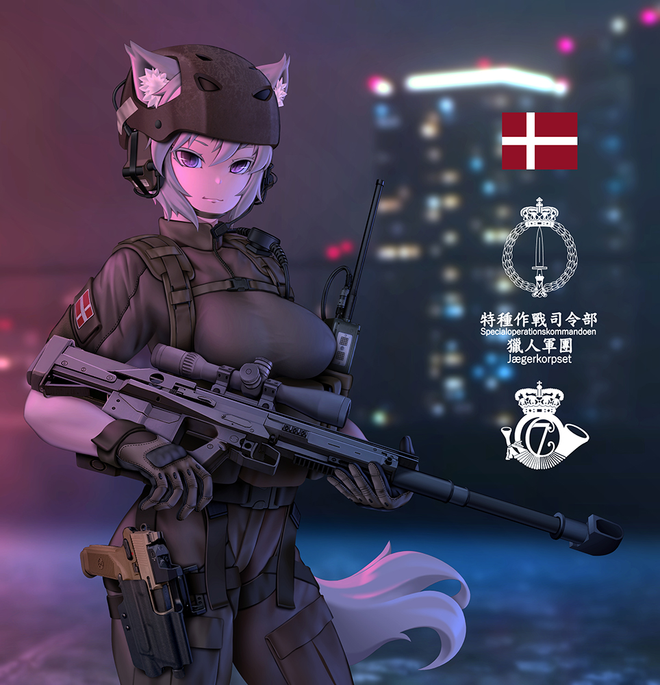 1girl, animal_ear_fluff, animal_ears, anti-materiel_rifle, borrowed_character, breasts, building, bullpup, cat_ears, cat_tail, city, danish_flag, earmuffs, fang_zhenjun, flag, fn_herstal, fnp-45, fnx-45, fnx-45_tactical, gepard_gm6_lynx, gloves, grey_hair, gun, handgun, headset, helmet, holding, holding_gun, holding_weapon, holster, looking_at_viewer, medium_breasts, military, military_uniform, night, original, pistol, purple_eyes, rifle, semi-automatic_rifle, sero_international_kft, short_hair, skyscraper, slit_pupils, sniper_rifle, tail, variant_set, walkie-talkie, weapon, white_hair, witness_holes