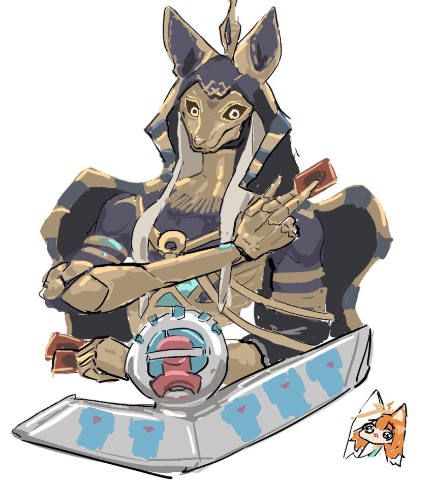 1girl, animal_ears, arknights, card, cat_ears, chibi, chibi_inset, duel_disk, highres, holding, holding_card, orange_hair, papyrus_(arknights), simple_background, toyyot, upper_body, white_background, yu-gi-oh!, zubayr_(arknights)