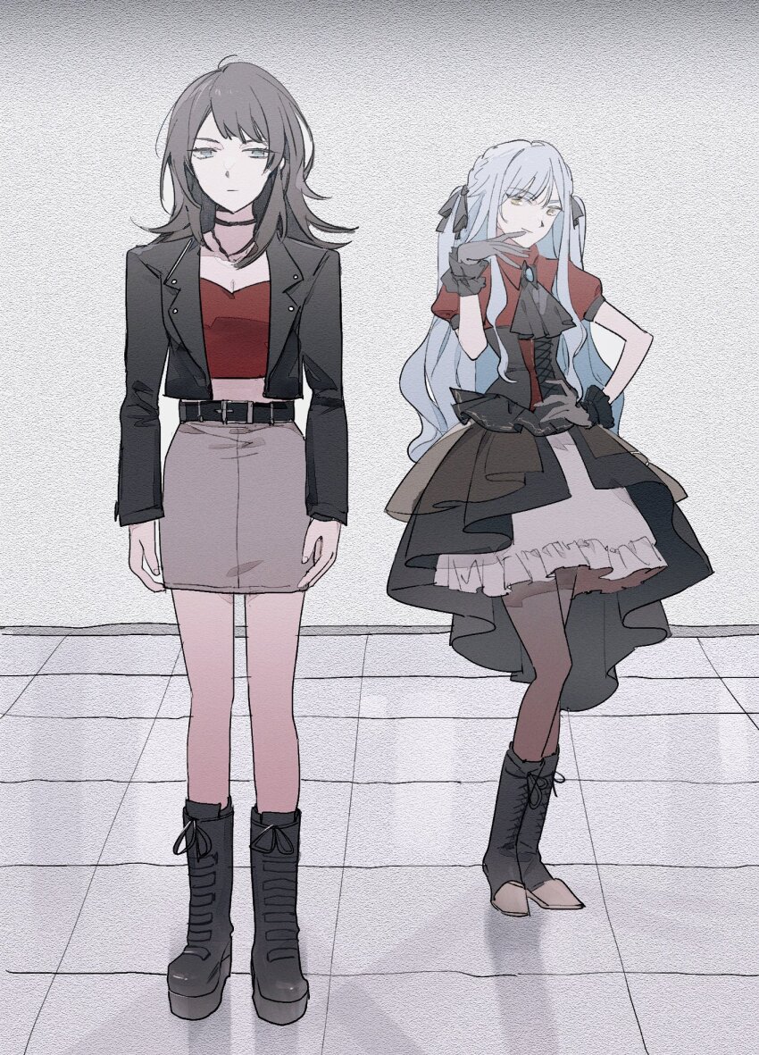 2girls, arms_at_sides, ascot, bang_dream!, bang_dream!_it's_mygo!!!!!, belt, black_ascot, black_belt