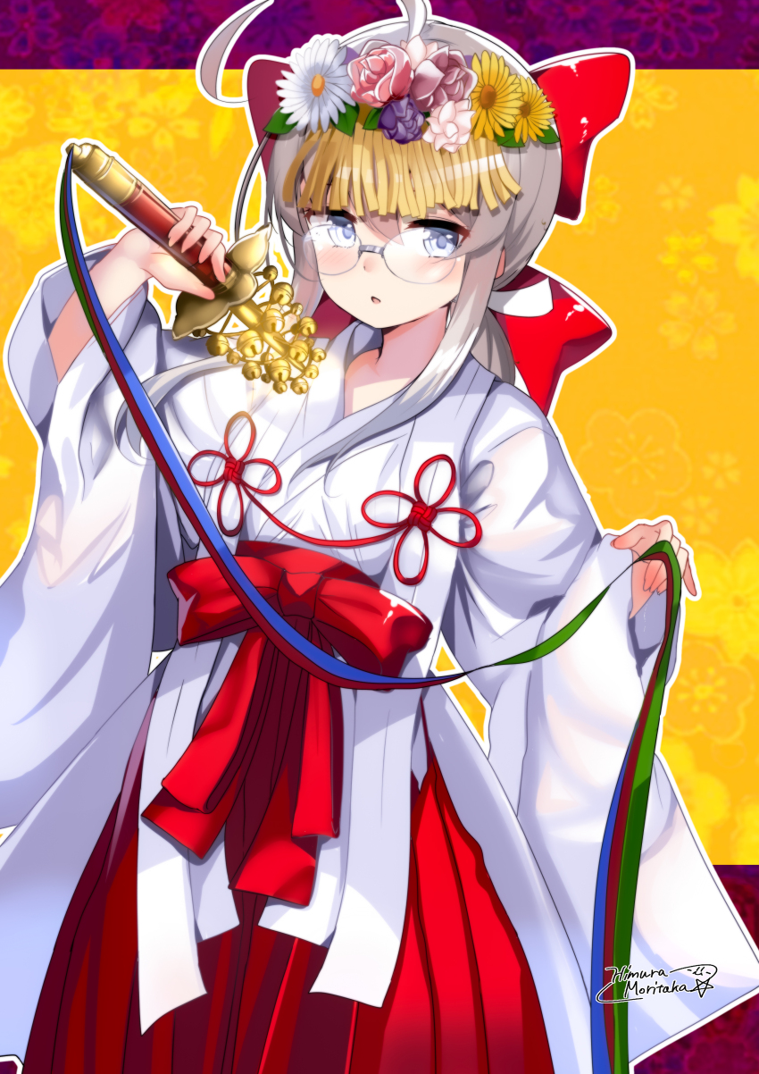 1girl, absurdres, ahoge, blue_eyes, chihaya_(clothing), glasses, grey_hair, hakama