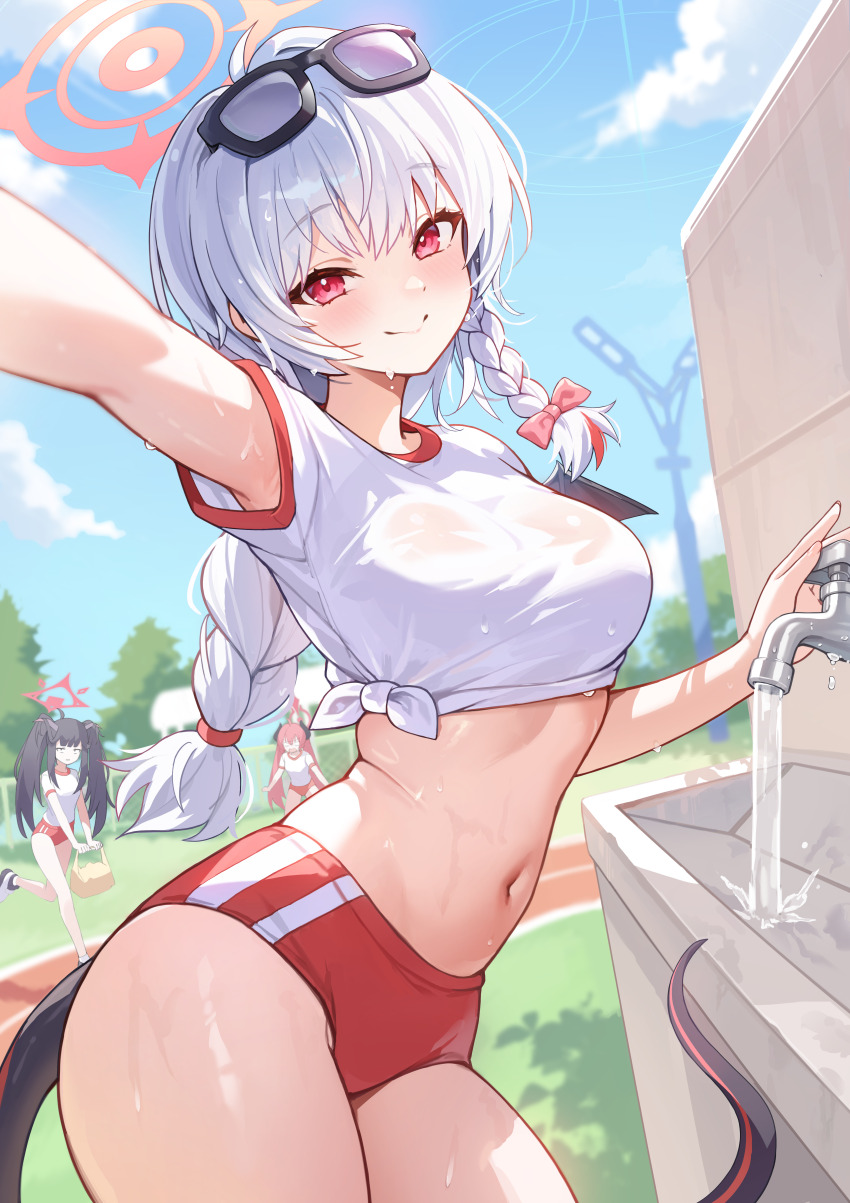 3girls, absurdres, black_hair, blue_archive, blue_sky, blush, braid, breasts