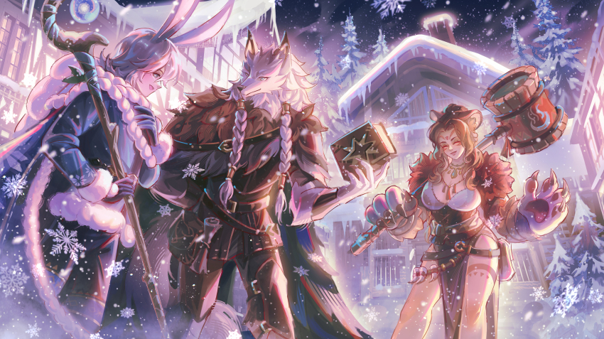 1girl, 2boys, afk_(series), afk_journey, animal_ears, bear_ears, bear_girl, book