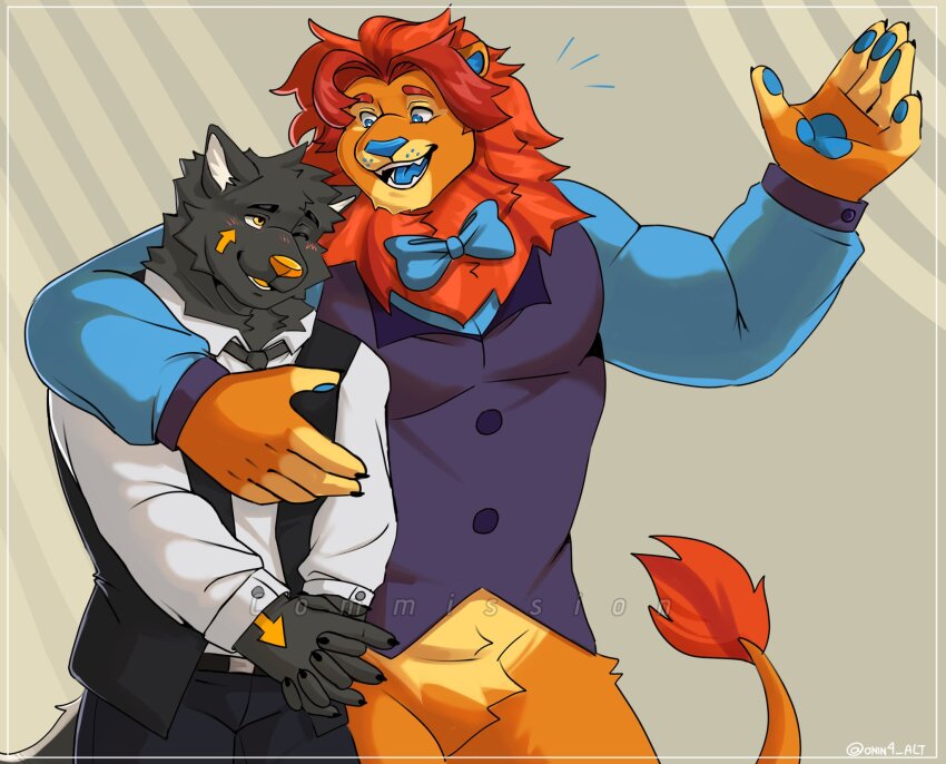 2boys, animal_ears, arm_around_shoulder, black_necktie, black_pants, black_vest, blue_bow, blue_bowtie
