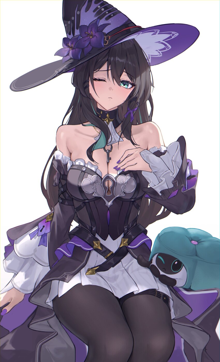 1girl, absurdres, ascot, bare_shoulders, black_collar, black_hair, black_pantyhose, black_sleeves