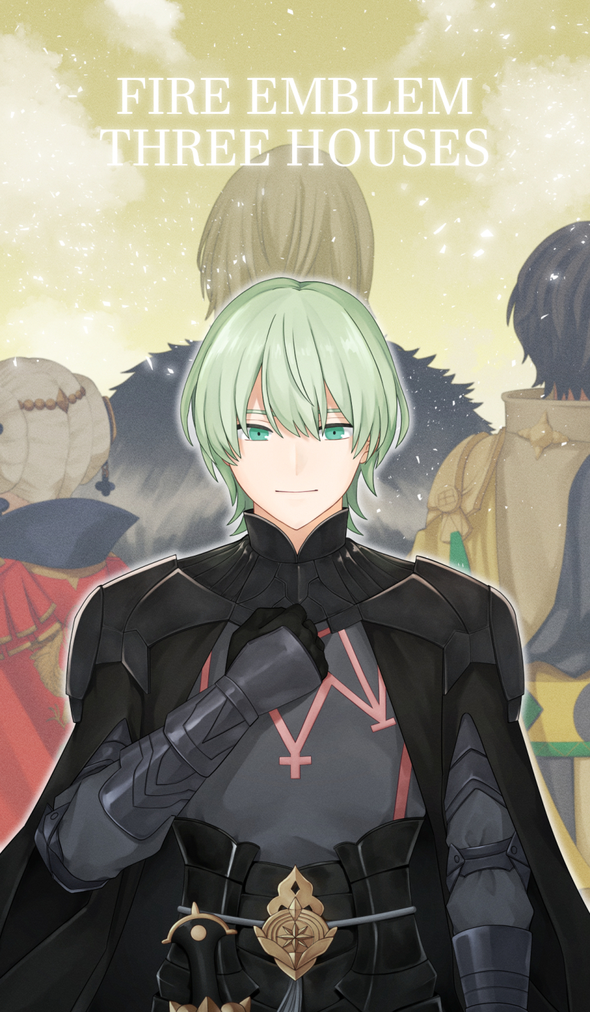 1girl, 3boys, black_cape, blonde_hair, male_byleth_(awakened)_(fire_emblem), male_byleth_(fire_emblem), cape, claude_von_riegan