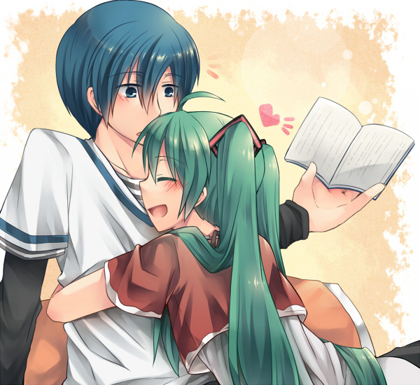 ahoge, aqua_hair, blue_eyes, blue_hair, book, hatsune_miku, heart, hug