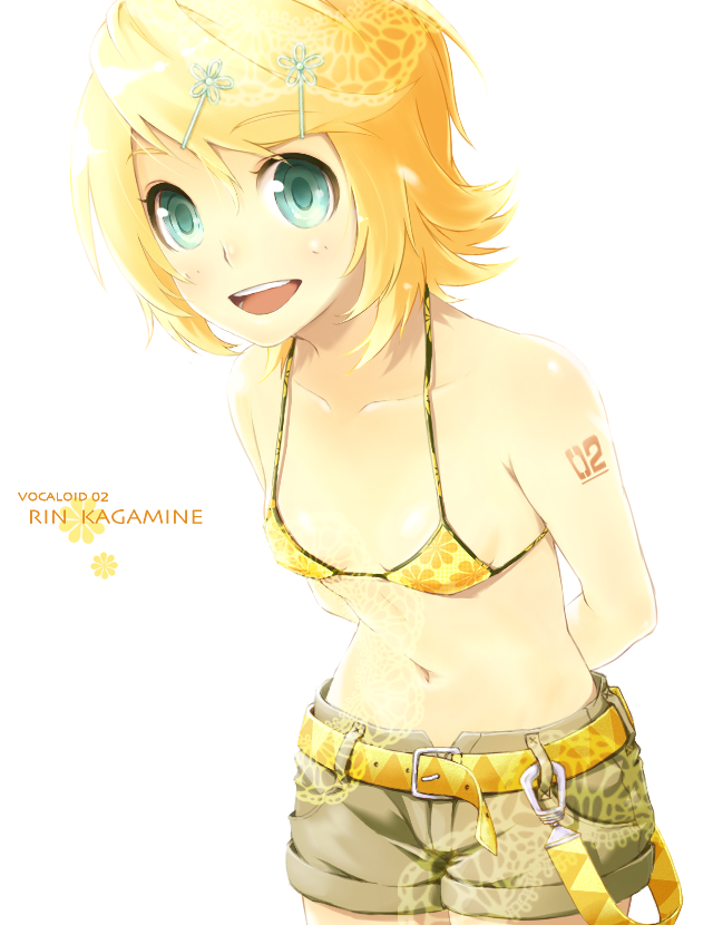 1girl, 3nami73, bikini, bikini_top_only, blonde_hair, blue_eyes, female_focus, kagamine_rin