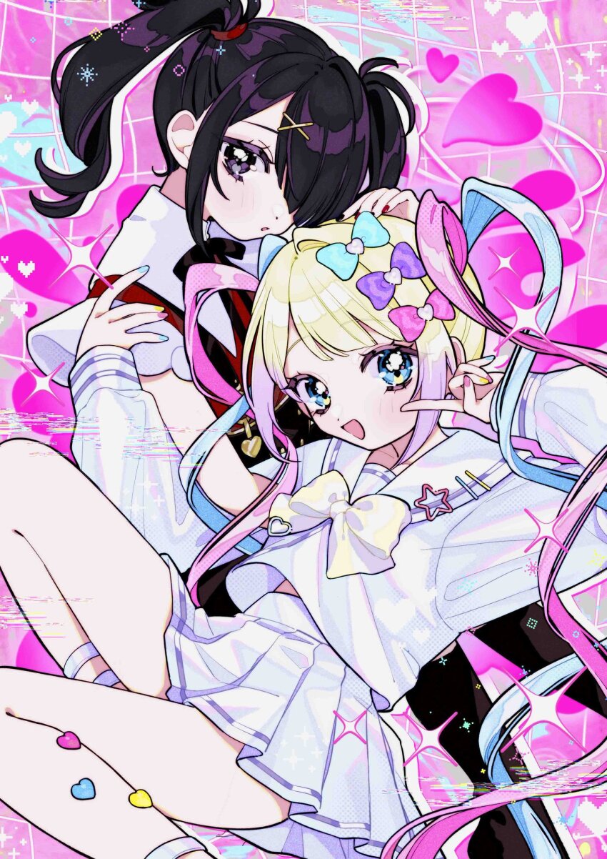 2girls, amaharu_wasure, ame-chan_(needy_girl_overdose), black_eyes, black_hair, black_nails, black_ribbon, black_skirt