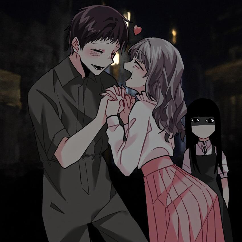1boy, 2girls, black_dress, black_hair, black_ribbon, blush, brown_hair, closed_eyes, collared_shirt, commentary, cowboy_shot, dress, face_piercing, fear_&amp;_hunger_(series), fear_&amp;_hunger_2:_termina, frilled_shirt_collar, frills, green_jumpsuit, heart, hidemaan2000, highres, holding_hands, interlocked_fingers, jealous, jumpsuit, levi_(fear_&amp;_hunger), long_hair, long_sleeves, lower_teeth_only, marina_(fear_&amp;_hunger), mouth_piercing, multiple_girls, neck_ribbon, no_mouth, open_mouth, piercing, pinafore_dress, pink_skirt, pleated_skirt, ribbon, samarie_(fear_&amp;_hunger), shaded_face, shirt, shirt_tucked_in, short_hair, short_sleeves, skirt, sleeveless, sleeveless_dress, smile, standing, teeth, white_shirt