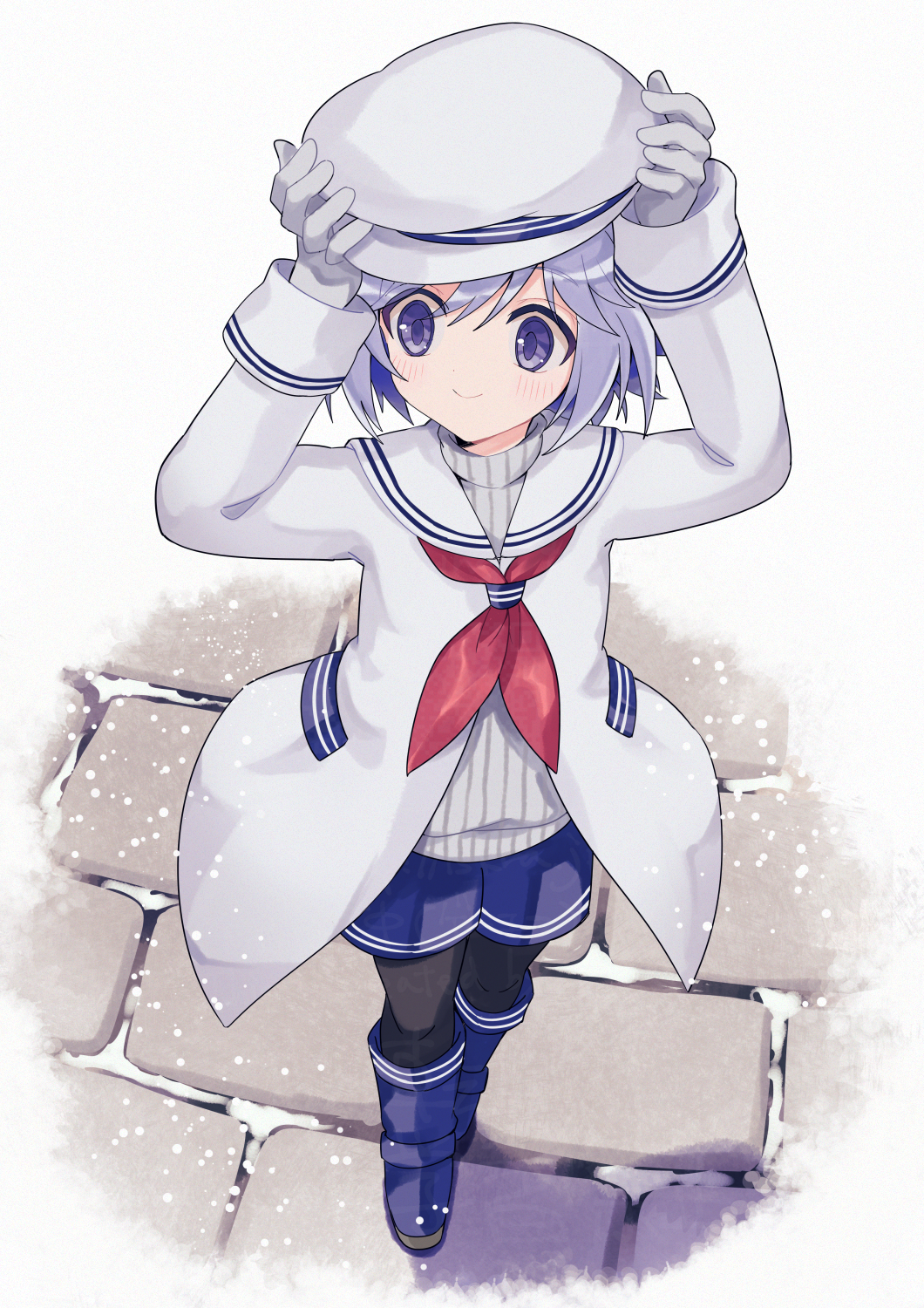 1boy, arms_up, beret, black_pantyhose, blue_boots, blue_eyes, blue_hair, blue_shorts