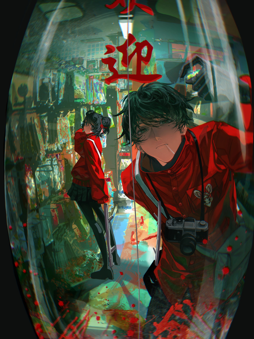 1boy, 1girl, absurdres, bag, baicumikuo, black_eyes, black_hair, blurry, camera, camera_around_neck, ceiling_light, closed_mouth, commentary_request, depth_of_field, double_bun, food_in_mouth, foreshortening, hair_bun, hair_rings, high_collar, highres, indoors, jacket, li_yuting_(female), li_yuting_(male), lollipop_in_mouth, looking_at_viewer, messenger_bag, mole, mole_under_each_eye, mole_under_eye, multiple_moles, red_jacket, red_ribbon, ribbon, shelf, shop, shopping, shoulder_bag, sleeves_past_fingers, sleeves_past_wrists, standing, touqi_guaitan, window