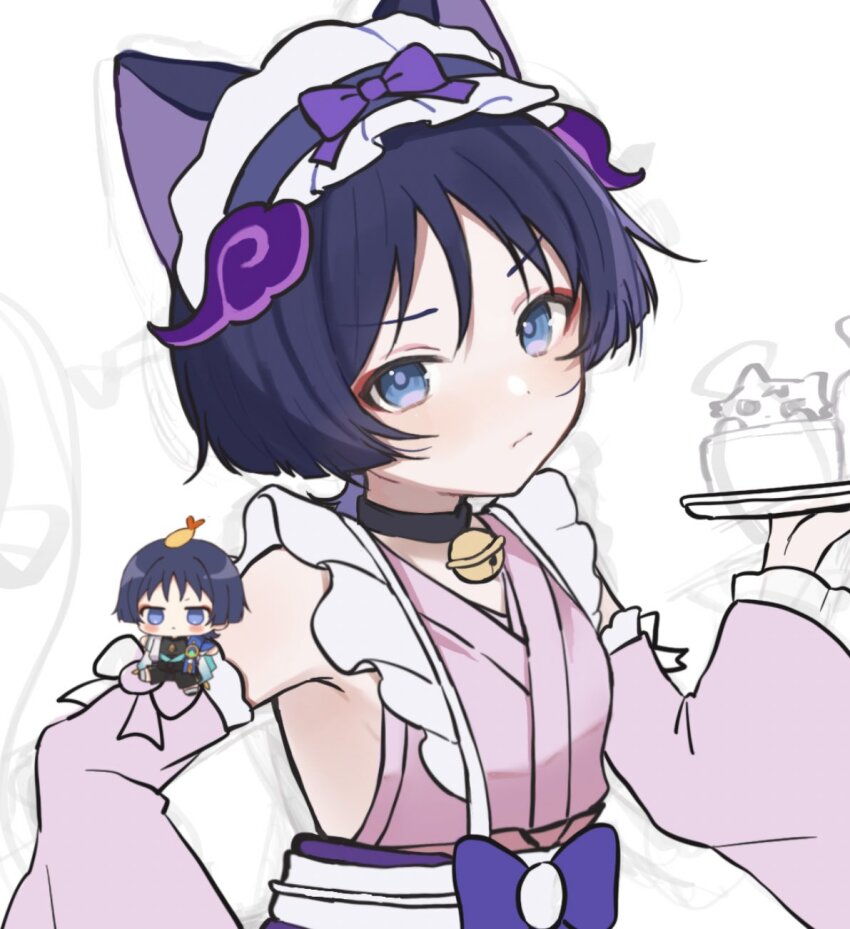 1boy, androgynous, animal_ears, apron, armpit_crease, bell, black_choker, black_hair