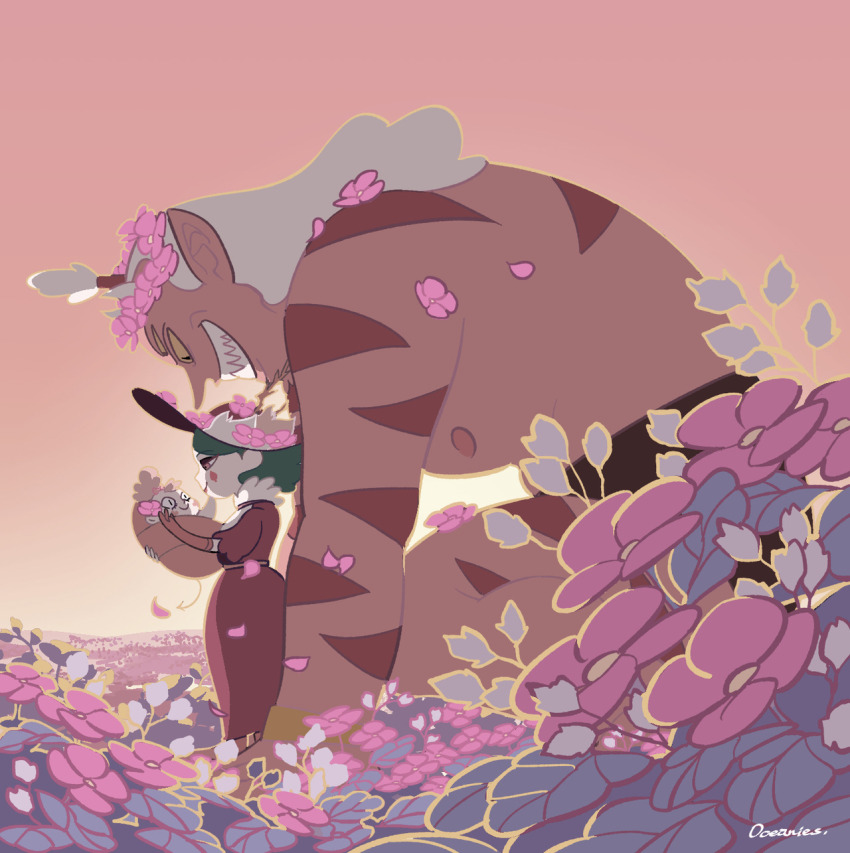 1boy, 2girls, blurry, couple, depth_of_field, eclipsa_butterfly, family, father_and_child, father_and_daughter, flower, globgor, green_hair, head_wreath, highres, husband_and_wife, meteora_butterfly, monster, mother_and_child, mother_and_daughter, multiple_girls, oceanispainting, parent_and_child, petals, pink_flower, pink_petals, star_vs_the_forces_of_evil