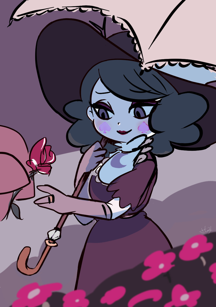 1girl, couple, disembodied_hand, dress, eclipsa_butterfly, flower, globgor, green_hair, highres, holding, holding_umbrella, husband_and_wife, pink_flower, purple_dress, sashimi385, star_vs_the_forces_of_evil, umbrella