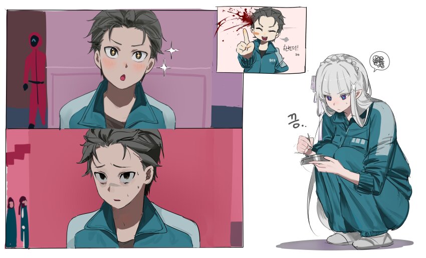 ^_^, absurdres, before_and_after, black_eyes, blood, blunt_bangs, braid, chibi