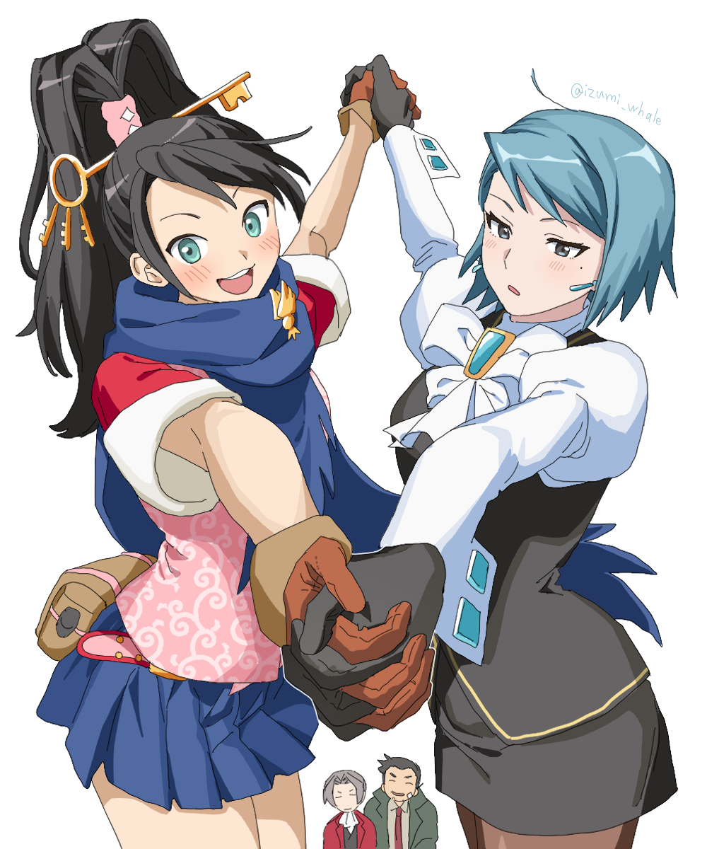 2boys, 2girls, :d, ace_attorney, ace_attorney_investigations, ascot, black_gloves, black_hair