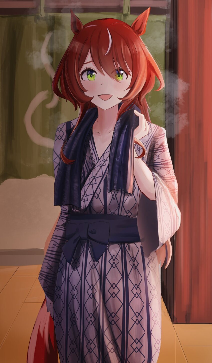 1girl, :d, alternate_costume, animal_ears, blue_robe, clip_studio_paint_(medium), denryoku_saboten, green_eyes