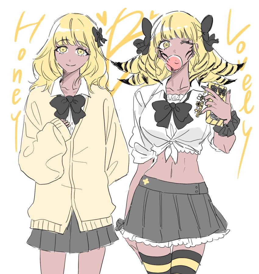 1girl, arm_behind_back, black_bow, black_bowtie, black_nails, black_scrunchie, black_skirt, blonde_hair, bow, bowtie, cardigan, character_name, chewing_gum, dark-skinned_female, dark_skin, facial_mark, final_fantasy, final_fantasy_xiv, gyaru, hair_bow, highres, holding, holding_phone, honey_b._lovely, lilykim_ffxiv, looking_at_viewer, medium_hair, multiple_views, navel, one_eye_closed, phone, school_uniform, scrunchie, shirt, simple_background, skirt, smile, split_mouth, striped_clothes, striped_thighhighs, thighhighs, tied_shirt, white_background, white_shirt, wrist_scrunchie, yellow_cardigan, yellow_eyes