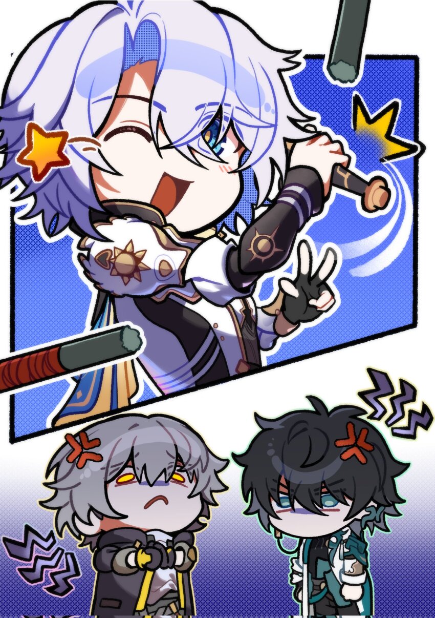 3boys, anger_vein, angry, armor, baseball_bat, black_hair, black_shirt, blue_eyes