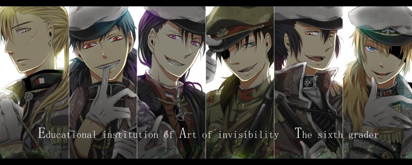 6+boys, att0w0, biting, black_hair, blonde_hair, blue_eyes, blue_hair, brown_hair, eyepatch, biting_glove, gloves, hat, highres, kema_tomesaburo_(character), kema_tomesaburou, male_focus, multiple_boys, nakazaike_choji_(character), nakazaike_chouji, nanamatsu_koheita, nanamatsu_koheita_(character), purple_eyes, rakudai_ninja_rantarou, red_eyes, scar, shioe_monjiro_(character), shioe_monjirou, tachibana_senzo_(character), tachibana_senzou, tomesaburou_kema, white_gloves, zenpoji_isaku_(character), zenpouji_isaku