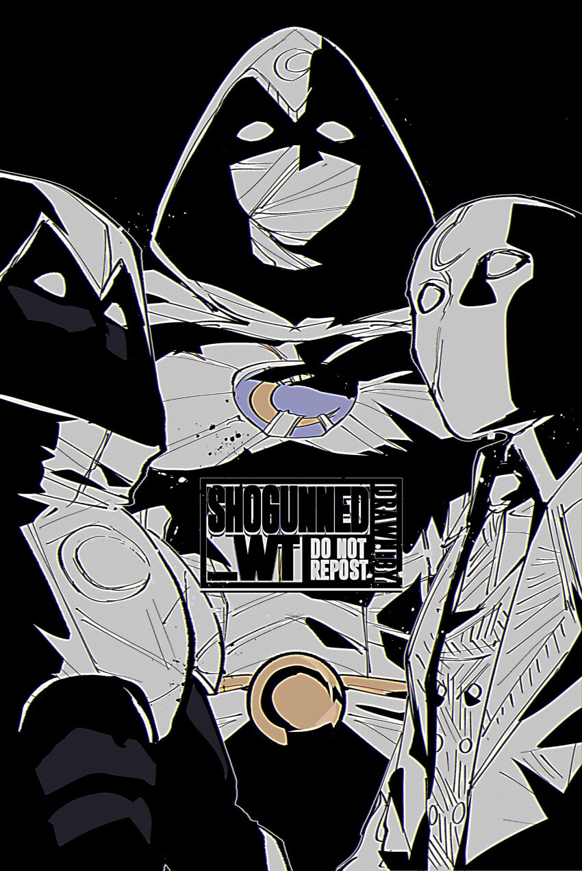 3boys, absurdres, armor, artist_name, bandaged_chest, bandaged_head, bandages, belt, black_background, black_bodysuit, black_mask, bodysuit, bonesaw_(rdkshinku), cape, cloak, collared_shirt, cowl, crescent_moon, dress_shirt, formal_clothes, glowing, glowing_eyes, highres, hood, hood_up, jacket, jake_lockley, limited_palette, looking_at_viewer, marc_spector, marvel, moon, moon_knight, moon_knight_(disney+), mr._knight, multiple_boys, mummy, mummy_costume, necktie, official_alternate_costume, open_clothes, open_jacket, shirt, signature, steven_grant, tuxedo, white_armor, white_cape, white_cloak, white_eyes, white_hood, white_jacket, white_mask, white_necktie, white_shirt, white_theme