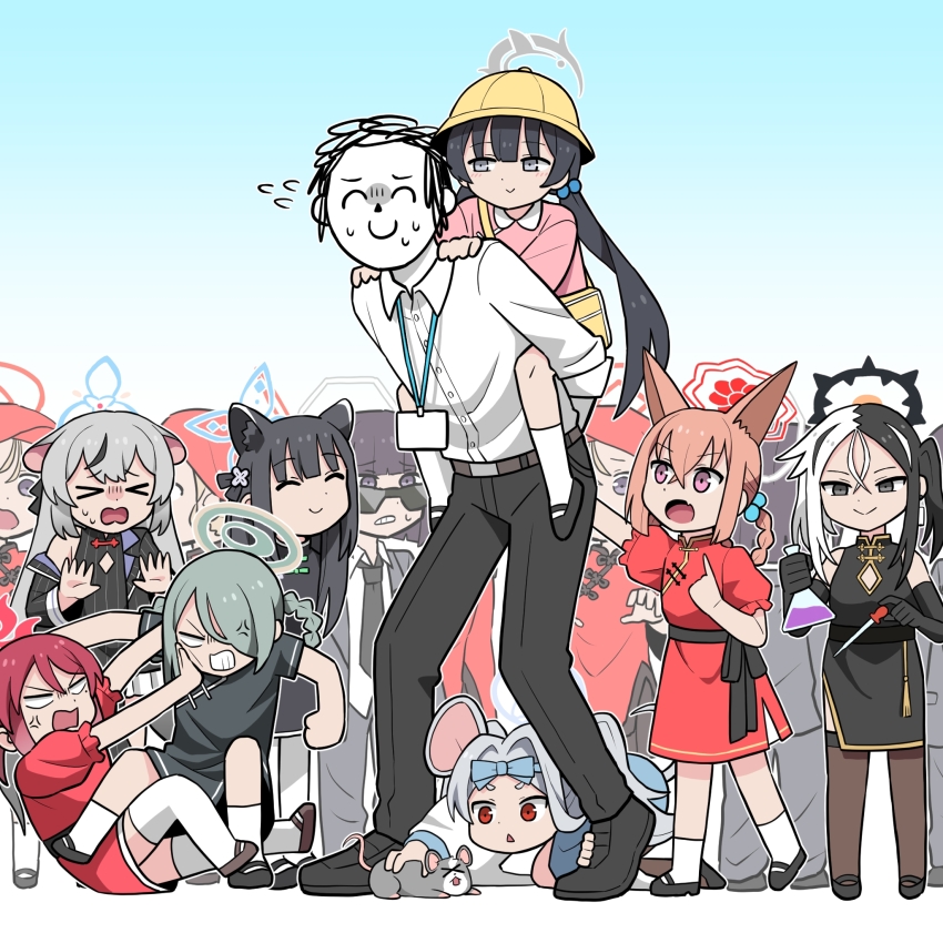 >_<, 1boy, 6+girls, ^_^, aged_down, all_fours, anger_vein, animal_ears