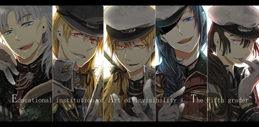 5boys, att0w0, biting, blonde_hair, blue_eyes, blue_hair, braid, brown_hair