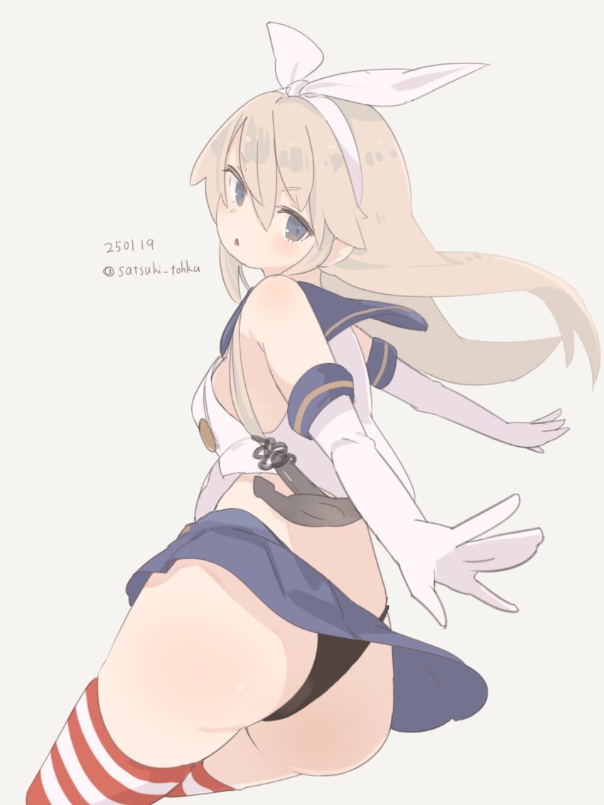 1girl, anchor_hair_ornament, ass, black_panties, blonde_hair, blue_sailor_collar, blue_skirt, cowboy_shot, crop_top, dated, elbow_gloves, from_behind, gloves, grey_background, grey_eyes, hair_ornament, hairband, highleg, highleg_panties, highres, kantai_collection, long_hair, microskirt, miniskirt, one-hour_drawing_challenge, outstretched_arms, panties, pleated_skirt, sailor_collar, satsuki_tooka, shimakaze_(final_battle)_(kancolle), shimakaze_(kancolle), shirt, skirt, sleeveless, sleeveless_shirt, solo, striped_clothes, striped_thighhighs, thighhighs, twitter_username, underwear, white_gloves, white_hairband