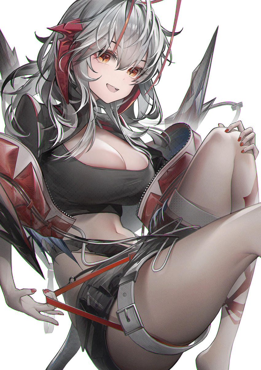 +_+, 1girl, antenna_hair, arknights, belt, black_shorts, black_shrug, black_tube_top, breasts, cleavage, commentary, crop_top, cross-shaped_pupils, demon_girl, demon_horns, demon_tail, extreme_crop_top, fingernails, gamgi, grey_hair, hair_between_eyes, highres, horns, jacket, knees_up, large_breasts, long_hair, looking_at_viewer, midriff, nail_polish, navel, open_clothes, open_jacket, open_mouth, orange_eyes, pulling_own_clothes, red_eyes, red_horns, red_jacket, red_nails, short_shorts, shorts, shrug_(clothing), simple_background, smile, solo, stomach, strap_pull, strapless, symbol-shaped_pupils, tail, thigh_belt, thigh_strap, thighs, tube_top, w_(arknights), white_background, white_belt, wis'adel_(arknights)