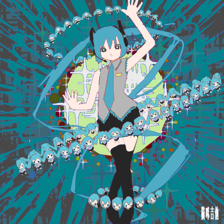 1girl, arm_up, artist_name, bare_shoulders, black_skirt, black_thighhighs, blue_background, blue_hair