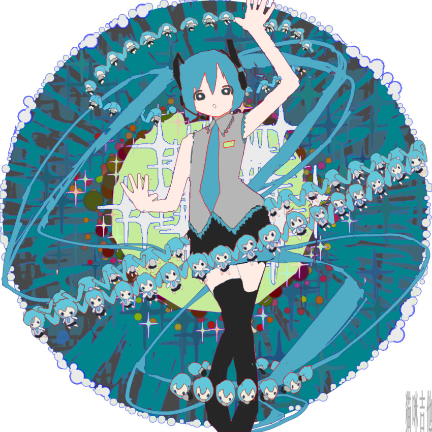 1girl, arm_up, artist_name, bare_shoulders, black_skirt, black_thighhighs, blue_hair, border