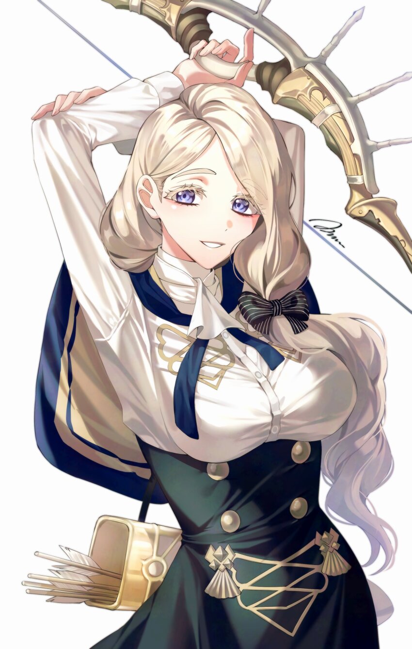 1girl, a_(asan_a_aa), absurdres, ascot, black_skirt, blonde_hair, bow_(weapon), breasts