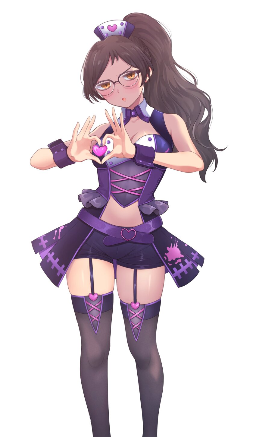 1girl, four-finger_heart_hands, :o, absurdres, armpits, belt, black_hair, black_shorts