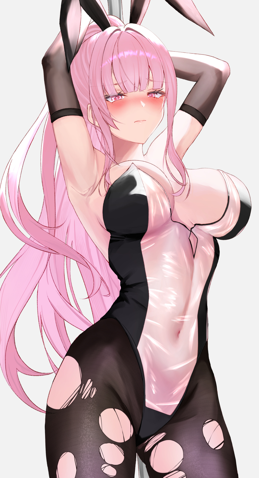 1girl, absurdres, alternate_costume, animal_ears, armpits, arms_behind_head, arms_up, black_gloves, black_leotard, black_pantyhose, blush, breasts, cleavage, closed_mouth, elbow_gloves, fake_animal_ears, gloves, highres, hololive, hololive_english, kaeha, large_breasts, leotard, long_hair, looking_at_viewer, mori_calliope, pantyhose, pink_eyes, pink_hair, playboy_bunny, pole, pole_dancing, ponytail, rabbit_ears, see-through_clothes, see-through_leotard, smile, solo, strapless, strapless_leotard, stripper_pole, torn_clothes, torn_pantyhose, very_long_hair, virtual_youtuber, white_background