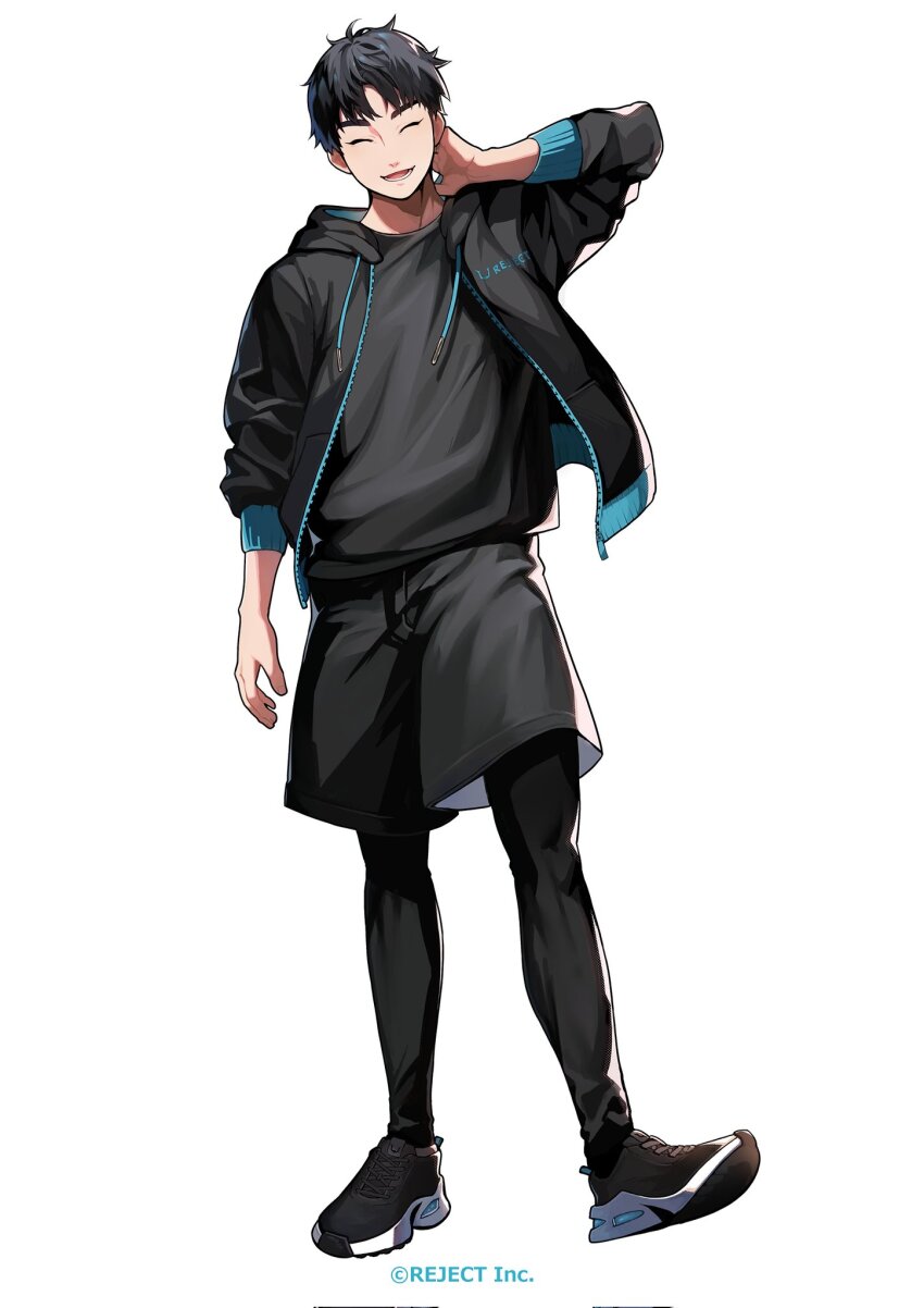 1boy, black_footwear, black_hair, black_jacket, black_shirt, black_shorts, closed_eyes, copyright_name, copyright_notice, full_body, haitani_(gamer), highres, jacket, male_focus, maou_(maou62), open_mouth, real_life, reject_(esports), shirt, shorts, simple_background, solo, teeth, white_background