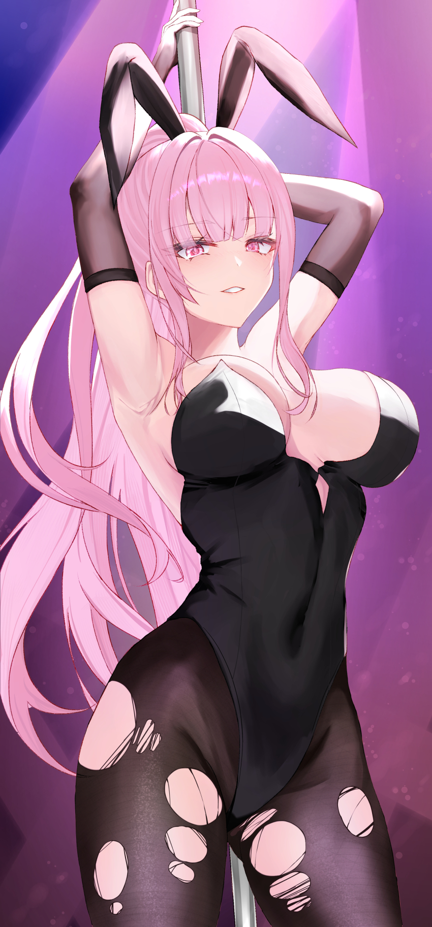 1girl, absurdres, alternate_costume, animal_ears, armpits, arms_behind_head, arms_up, black_gloves, black_leotard, black_pantyhose, breasts, cleavage, closed_mouth, elbow_gloves, fake_animal_ears, gloves, highres, hololive, hololive_english, kaeha, large_breasts, leotard, long_hair, looking_at_viewer, mori_calliope, pantyhose, pink_eyes, pink_hair, playboy_bunny, pole, pole_dancing, ponytail, rabbit_ears, smile, solo, strapless, strapless_leotard, stripper_pole, torn_clothes, torn_pantyhose, very_long_hair, virtual_youtuber