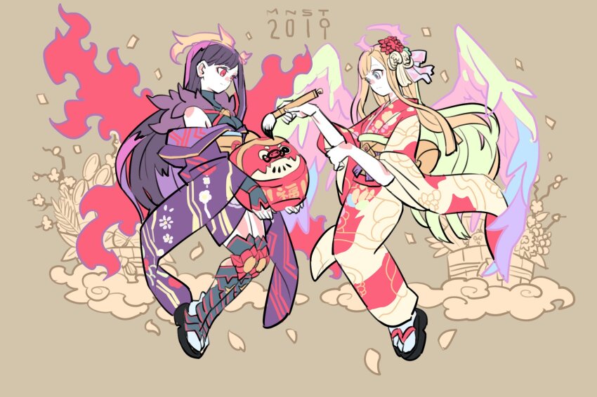 2019, 2girls, black_hair, blonde_hair, brown_background, cloud, commentary, creature