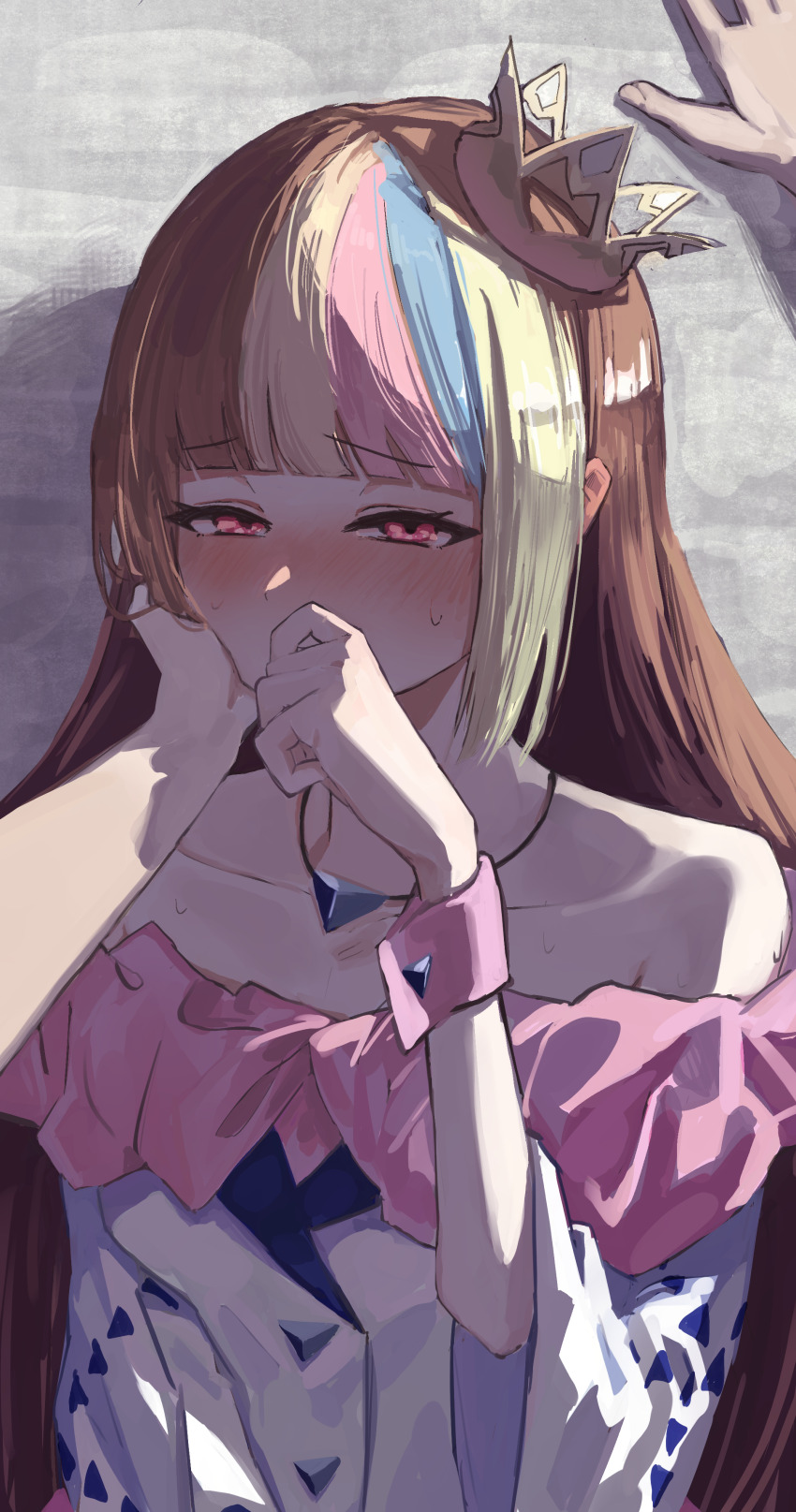 1girl, absurdres, backlighting, bare_shoulders, blonde_hair, blue_hair, blunt_bangs, blush, brown_hair, buttons, collarbone, commentary_request, covering_own_mouth, crown, dress, galaco, galaco_(white), gold_crown, grey_background, hand_on_own_cheek, hand_on_own_chin, hand_on_own_face, highres, jewelry, long_hair, looking_at_viewer, mini_crown, multicolored_hair, necklace, nose_blush, off-shoulder_dress, off_shoulder, pink_eyes, pink_hair, pov, pov_hands, short_sleeves, simple_background, solo_focus, straight_hair, streaked_hair, sweatdrop, upper_body, uranosebi, vocaloid, white_dress, wristband