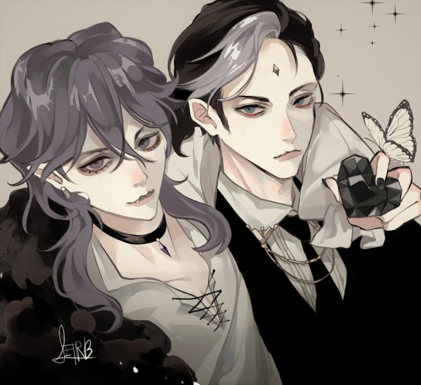 2boys, black_choker, black_hair, black_nails, bug, butterfly, choker, coat