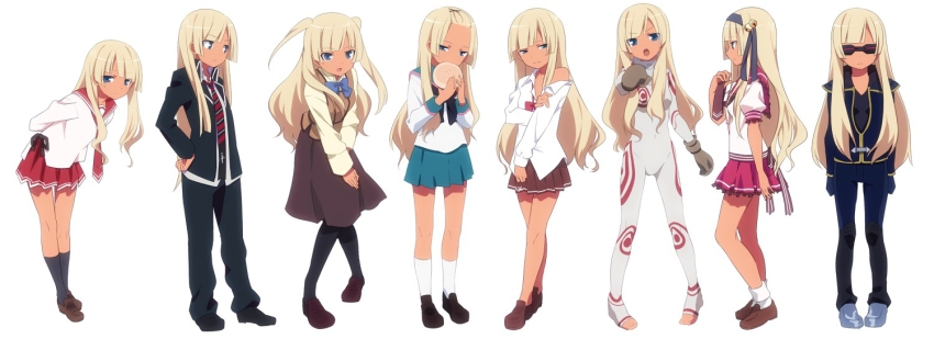 10s, 1girl, 2011, a_channel, ao_no_exorcist, arms_at_sides, bad_id, bad_pixiv_id, barefoot, black_pantyhose, blonde_hair, blouse, blue_eyes, blunt_bangs, blush, breasts, collared_shirt, cosplay, costume_chart, cyclops_(x-men), cyclops_(x-men)_(cosplay), dark-skinned_female, dark_skin, deadman_wonderland, denpa_onna_to_seishun_otoko, female_focus, formal_clothes, half-closed_eyes, hand_on_own_hip, hidan_no_aria, hime_cut, hinata_ibuki, hinata_ibuki_(cosplay), hoshizora_e_kakaru_hashi, kiya_machi, legs, legs_apart, long_hair, maria_holic, marvel, miniskirt, multiple_persona, necktie, off_shoulder, open_mouth, original, pantyhose, red_shirt, school_uniform, serafuku, shidou_mariya, shidou_mariya_(cosplay), shiro_(deadman_wonderland), shiro_(deadman_wonderland)_(cosplay), shirt, simple_background, skirt, smile, socks, solo, standing, striped_clothes, striped_necktie, striped_neckwear, suit, sunglasses, tan, touwa_erio, touwa_erio_(cosplay), two_side_up, white_background, white_pantyhose, white_shirt, x-men