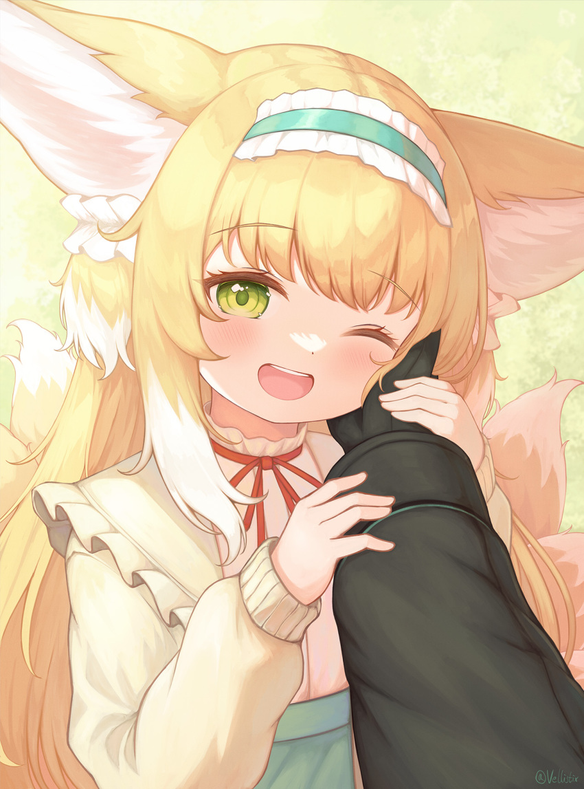 1girl, 1other, ambiguous_gender, animal_ears, arknights, blonde_hair, blush, cardigan
