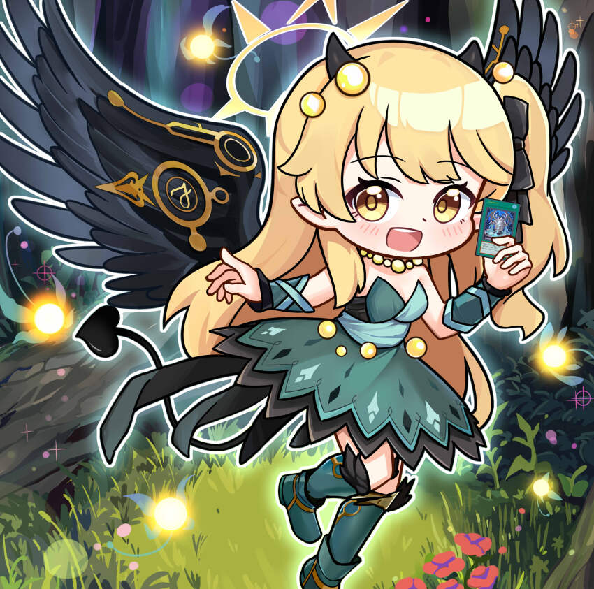 1girl, absurdres, black_wings, blonde_hair, blue_archive, chibi, duel_monster, fairy, feathered_wings, halo, highres, hugin_the_runick_wings, ibuki_(blue_archive), long_hair, maomaoquing, mini_person, minigirl, runes, runick_fountain, solo, wings, yellow_halo, yu-gi-oh!
