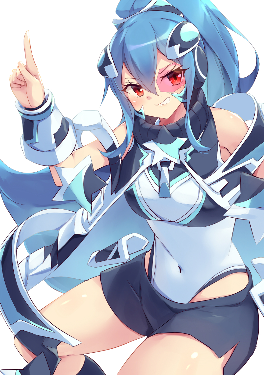 1girl, absurdres, argostars_-_glorious_adra, blue_hair, breasts, cape, covered_navel, duel_monster, grin, highleg, highleg_leotard, highres, kanzakietc, leotard, pointing, pointing_up, ponytail, red_eyes, scouter, short_shorts, shorts, small_breasts, smile, solo, thighs, white_background, yu-gi-oh!