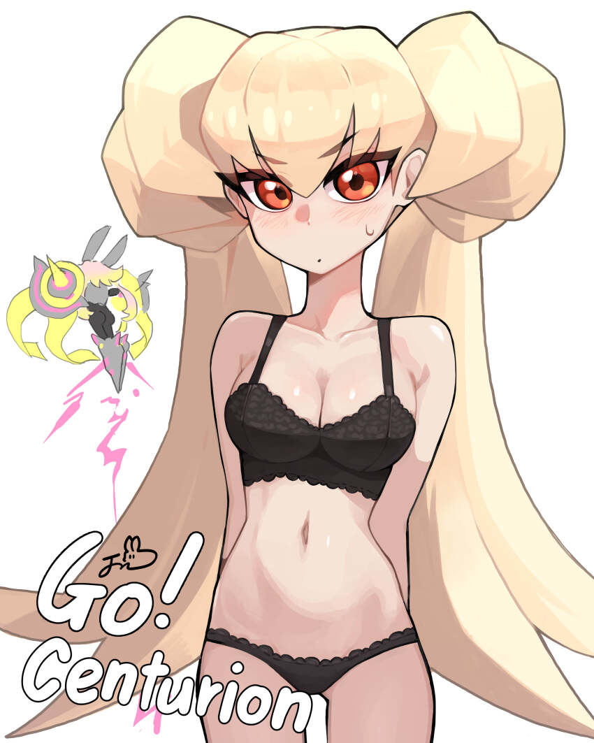 1girl, absurdres, black_bra, black_panties, blonde_hair, bra, breasts, centur-ion_primera, centur-ion_primera_primus, cleavage, cowboy_shot, dillo_(smootharmadillo), duel_monster, english_text, hair_bun, highres, huge_hair_bun, looking_at_viewer, medium_breasts, midriff, navel, orange_eyes, panties, solo, standing, twintails, underwear, underwear_only, white_background, yu-gi-oh!