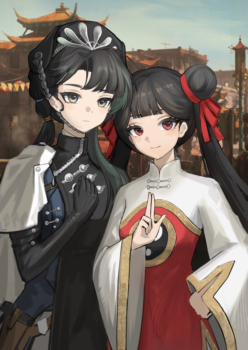 2girls, :|, absurdres, architecture, black_dress, black_gloves, black_hair, black_hat, blue_sky, cape, cardcaptor_sakura, chinstrap, closed_mouth, day, double_bun, dress, east_asian_architecture, elbow_gloves, game_screenshot_background, gloves, hair_bun, hair_ribbon, hand_on_own_chest, hand_on_own_hip, hand_up, hat, highres, holster, jiaolu_chongzu, li_meiling, liang_yue_(reverse:1999), long_hair, looking_at_viewer, low_twintails, multiple_girls, outdoors, police, police_uniform, policewoman, red_dress, red_eyes, red_ribbon, reverse:1999, ribbon, screenshot_background, side_cape, sky, smile, twintails, white_cape, white_sleeves, wide_sleeves, yellow_eyes, yin_yang, yin_yang_print