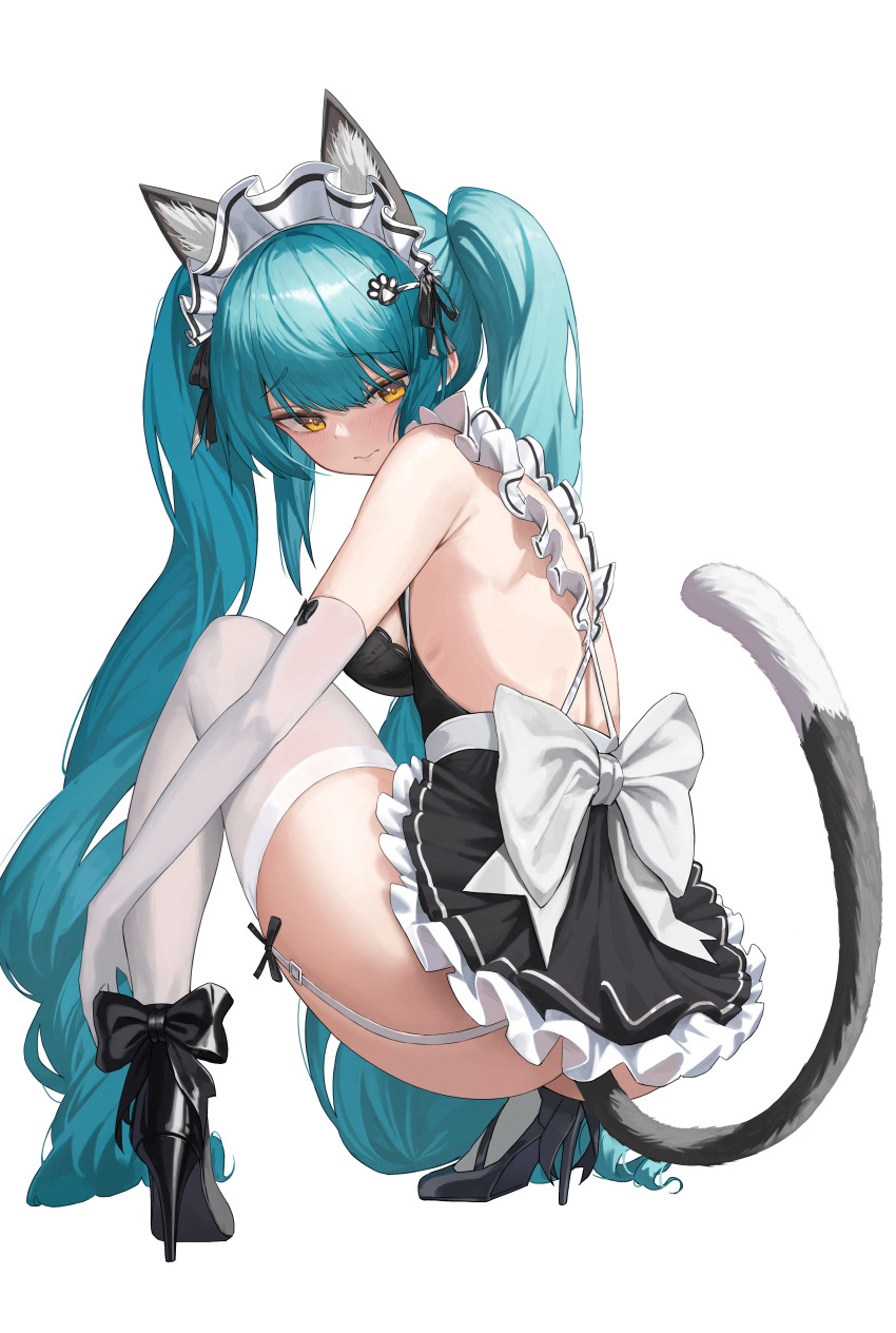 1girl, absurdres, animal_ears, ass, back, blue_hair, blush, bow