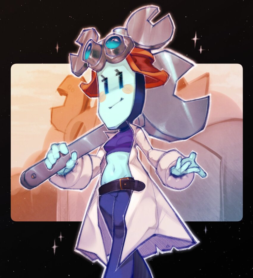 1girl, absurdres, belt, blue_skin, blush_stickers, colored_skin, goggles, goggles_on_head, highres, holding, holding_wrench, lab_coat, looking_at_viewer, mario_&amp;_luigi:_brothership, mario_&amp;_luigi_rpg, mario_(series), midriff, navel, nintendo, onimiere, outline, solo, technikki_(mario), white_outline, wrench